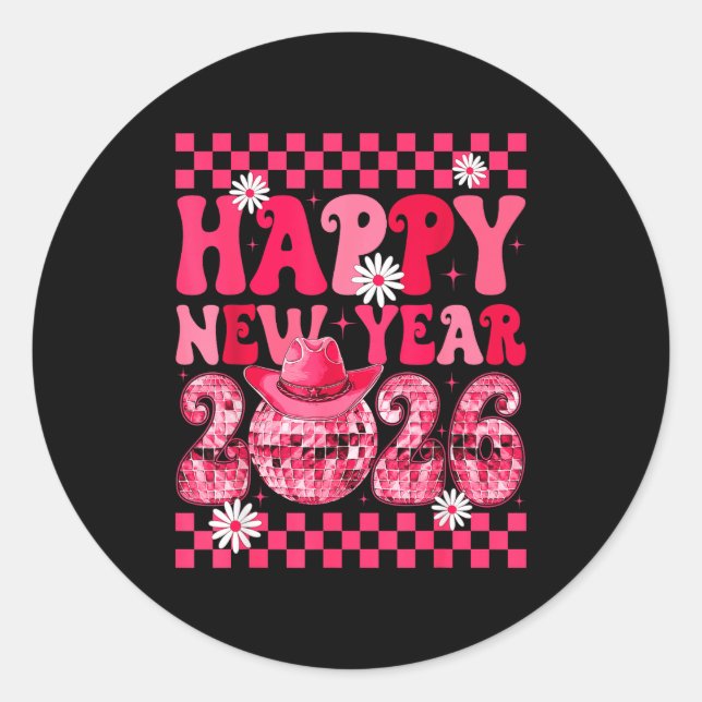 Pegatina Redonda Happy New Year 2026 Cowgirl Cowboy Disco Ball Girl (Anverso)