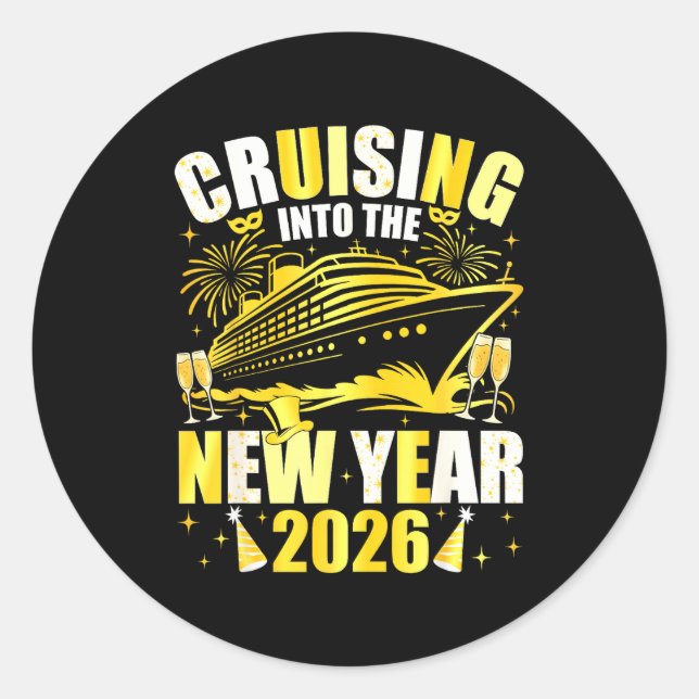 Pegatina Redonda Happy New Year 2026 Cruising Into The New Year 202 (Anverso)