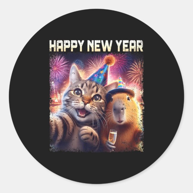 Pegatina Redonda Happy New Year 2026 Cute Cat Capybara Party Art  (Anverso)