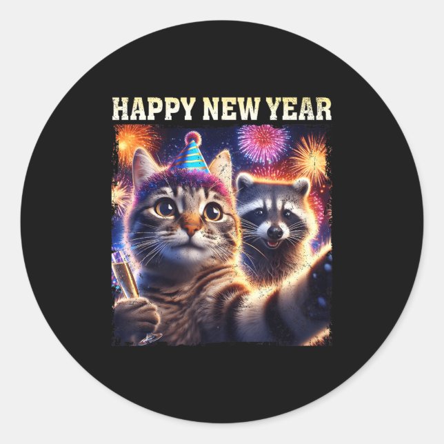 Pegatina Redonda Happy New Year 2026 Cute Cat Raccoon Celebration  (Anverso)
