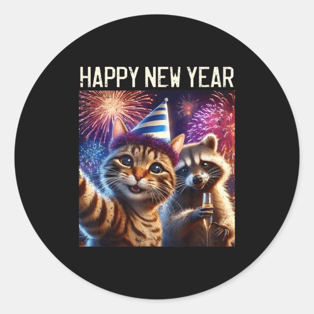 Pegatina Redonda Happy New Year 2026 Cute Cat Raccoon Celebration  (Anverso)