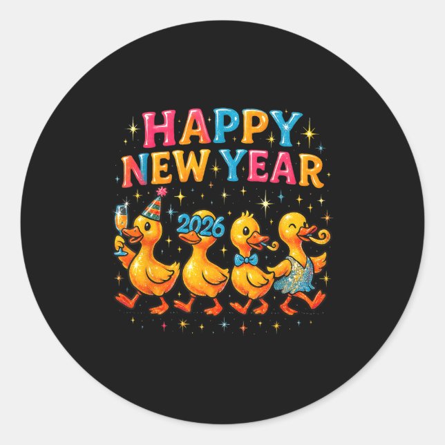 Pegatina Redonda Happy New Year 2026 Cute Duck Party Gift  (Anverso)