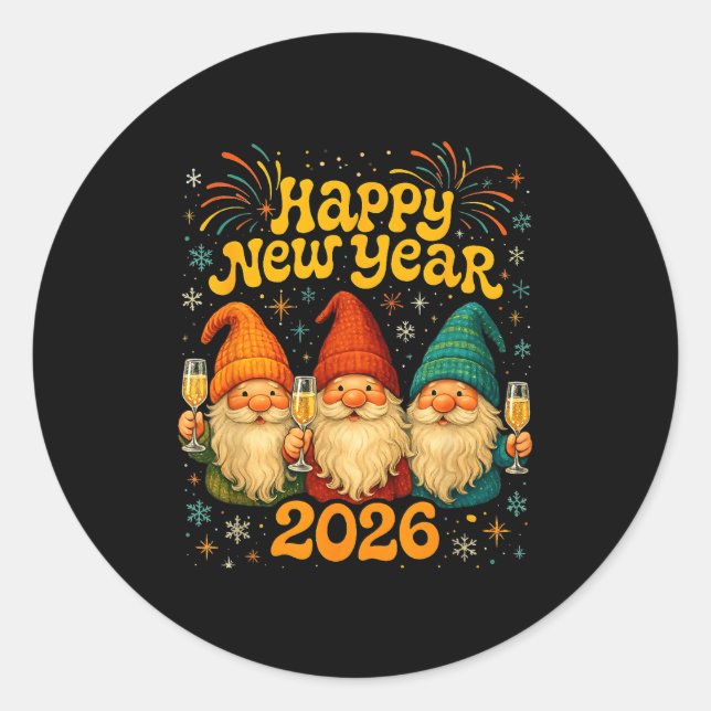Pegatina Redonda Happy New Year 2026 Cute Gnome Party Gift  (Anverso)