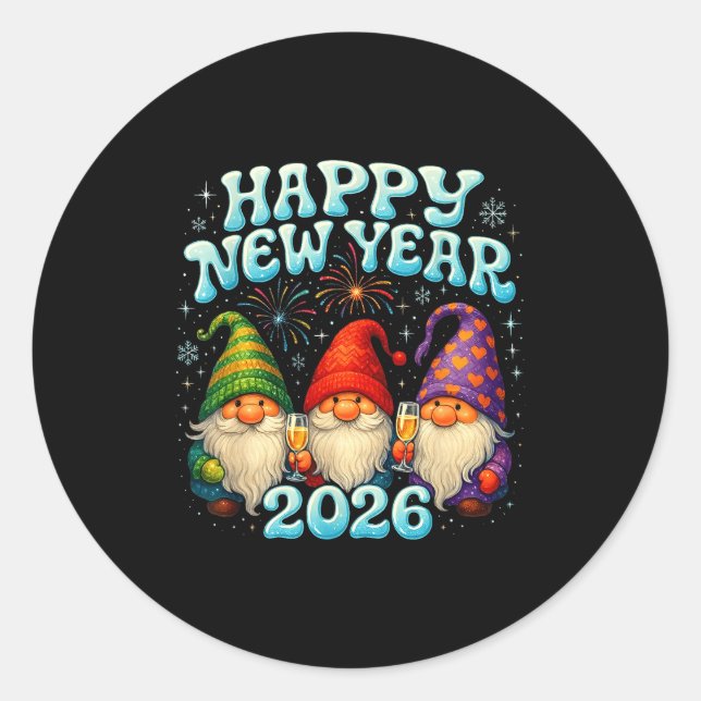 Pegatina Redonda Happy New Year 2026 Cute Gnome Party Gift  (Anverso)