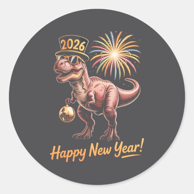 Pegatina Redonda Happy New Year 2026 Dinosaur Funny Dino Tee For Ad (Anverso)