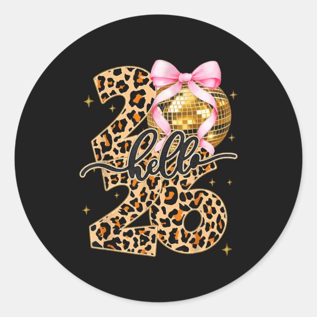 Pegatina Redonda Happy New Year 2026 Disco Ball Bow New Year's Eve  (Anverso)