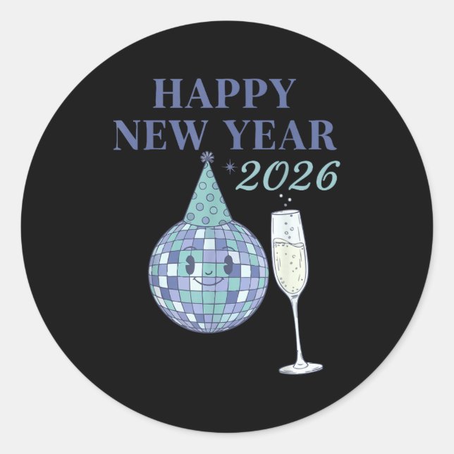 Pegatina Redonda Happy New Year 2026 Disco Ball Celebration  (Anverso)