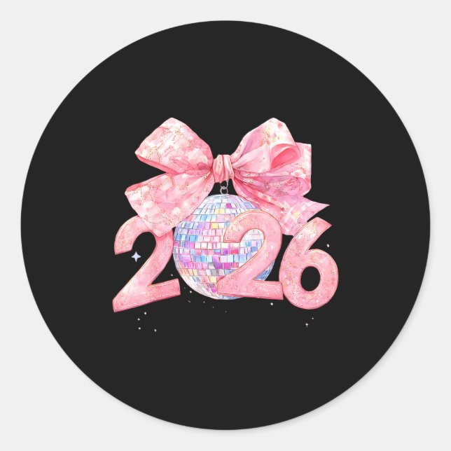 Pegatina Redonda Happy New Year 2026 Disco Ball Nk Coquette Bow Fam (Anverso)