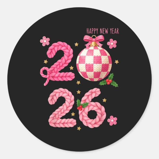 Pegatina Redonda Happy New Year 2026 Family Matching Crochet Men Wo (Anverso)