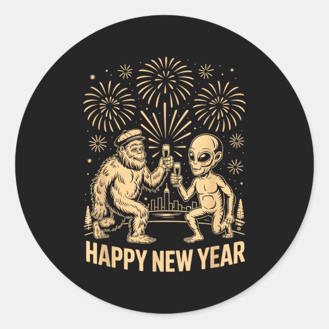 Pegatina Redonda Happy New Year 2026 Funny Bigfoot And Alien Lovers (Anverso)