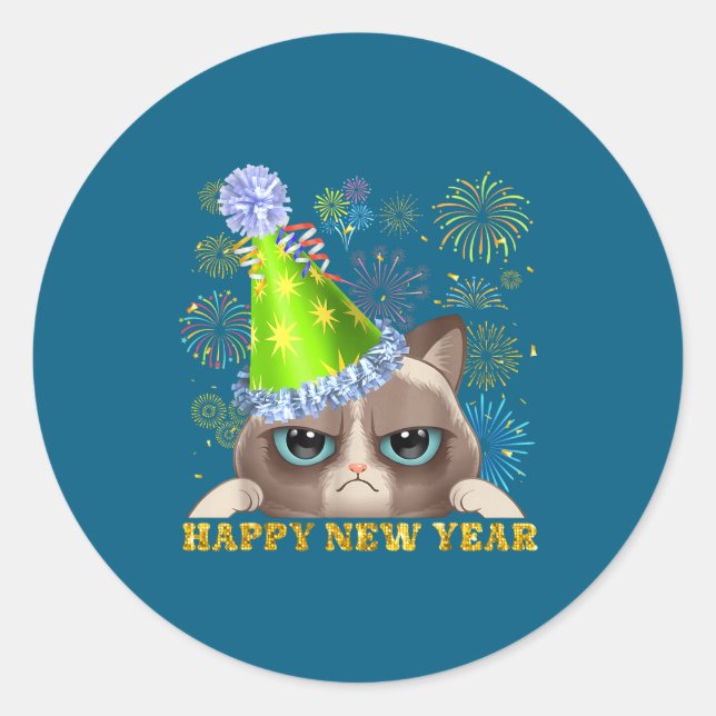 Pegatina Redonda Happy New Year 2026 Funny Cat New Year's Eve Hat G (Anverso)