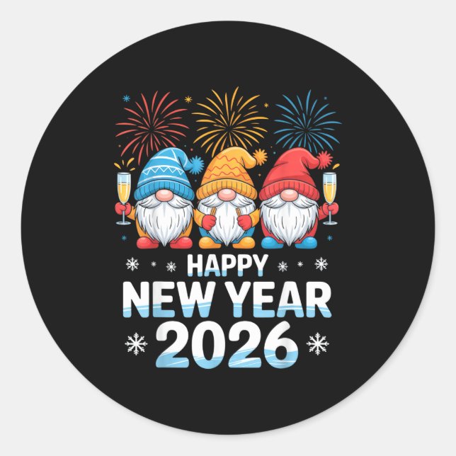 Pegatina Redonda Happy New Year 2026 Gnome Cute Holiday Celebration (Anverso)