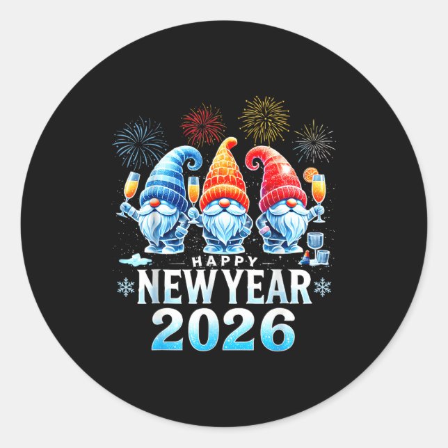 Pegatina Redonda Happy New Year 2026 Gnomes Family Party New Years  (Anverso)