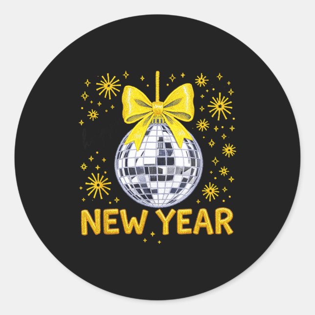 Pegatina Redonda Happy New Year 2026 Golden Disco Ball Bow New Year (Anverso)