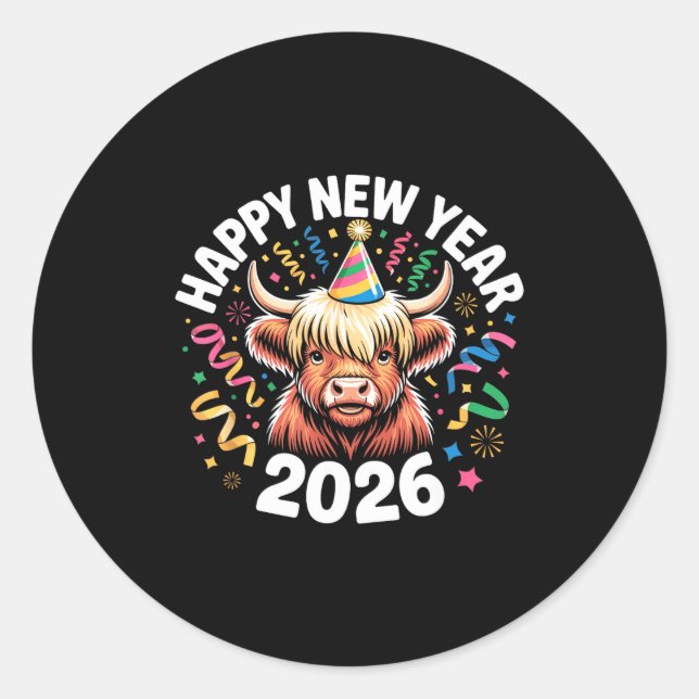 Pegatina Redonda Happy New Year 2026 Highland Cow &amp; Party Hat N (Anverso)