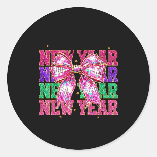 Pegatina Redonda Happy New Year 2026 Nk Coquette Bow Disco Ball Cou (Anverso)