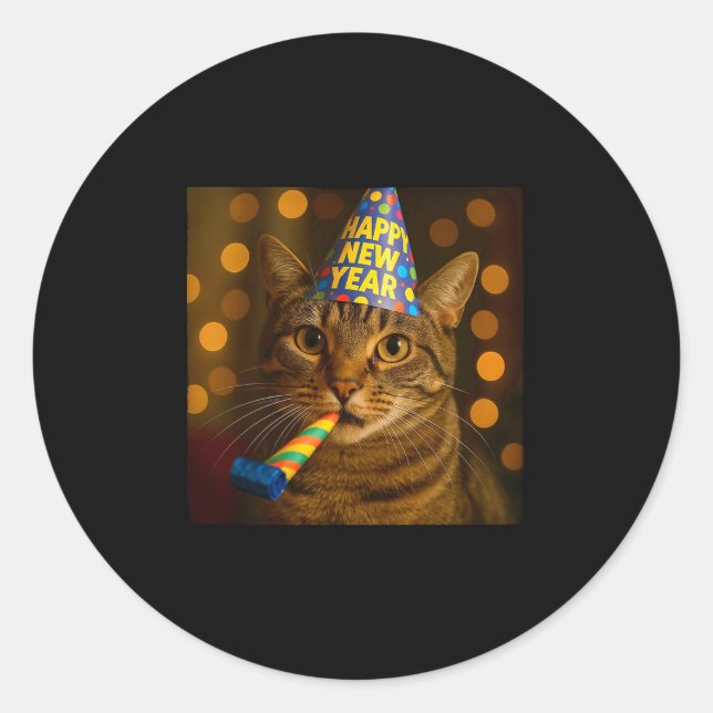 Pegatina Redonda Happy New Year Cat Funny Party Hat Feline Meme Cel (Anverso)