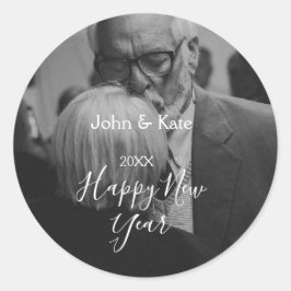 Pegatina Redonda Happy new year couple photo name year black white 