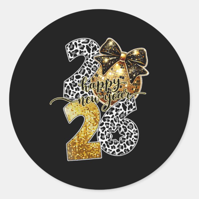Pegatina Redonda Happy New Year Cute Gold Disco Ball Bow New Year's (Anverso)