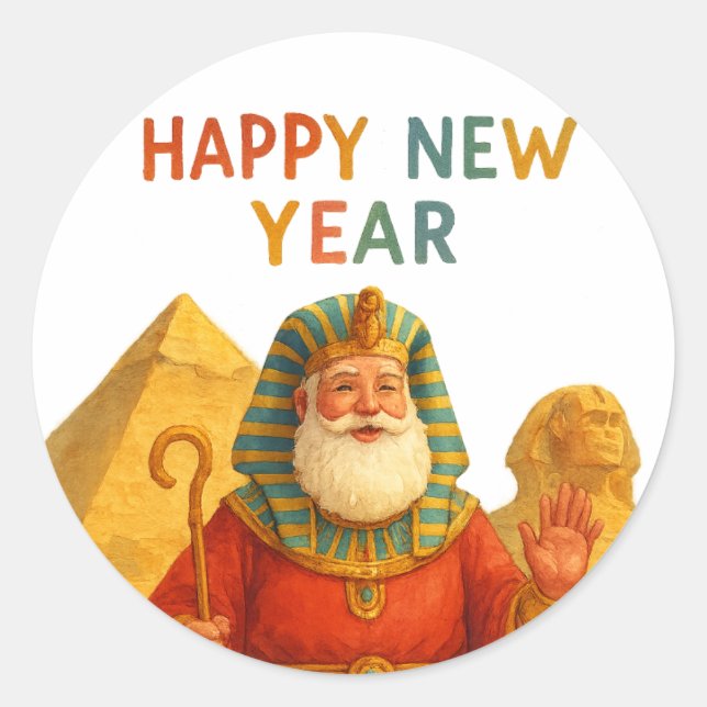 Pegatina Redonda Happy New Year Egyptian Santa Pharaoh Funny art  (Anverso)