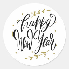 Pegatina Redonda Happy New Year Modern Calligraphy Wreath Black