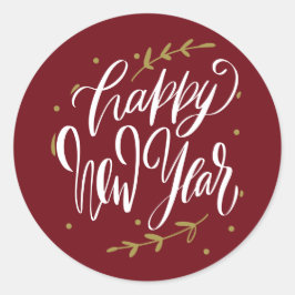 Pegatina Redonda Happy New Year Modern Calligraphy Wreath Burgundy