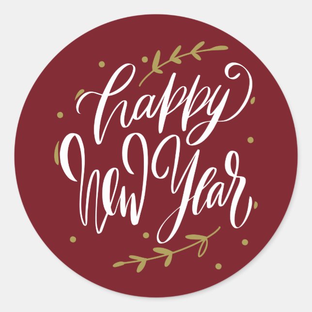 Pegatina Redonda Happy New Year Modern Calligraphy Wreath Burgundy (Anverso)