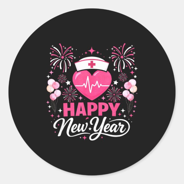 Pegatina Redonda Happy New Year Nurse Crew Heartbeat Medical Celebr (Anverso)