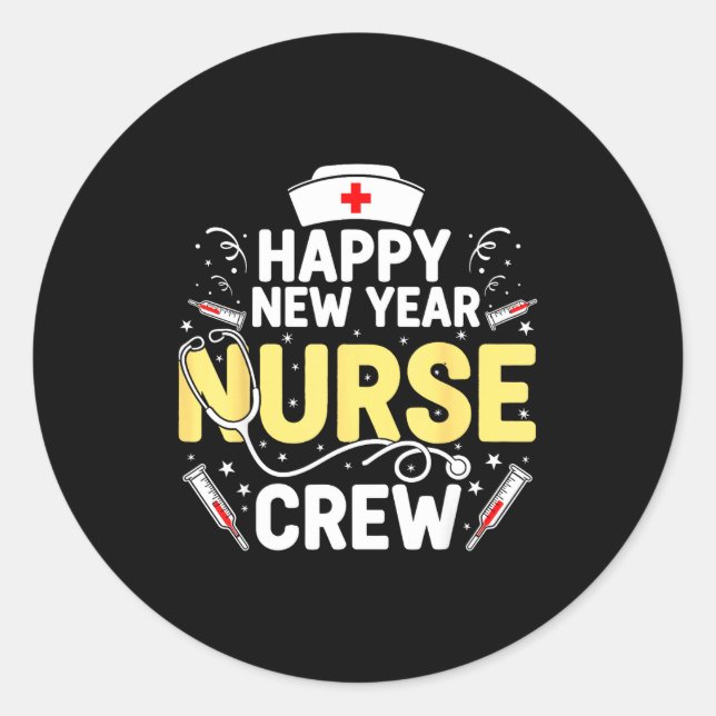 Pegatina Redonda Happy New Year Nurse Shirt, Fireworks Stethoscope  (Anverso)