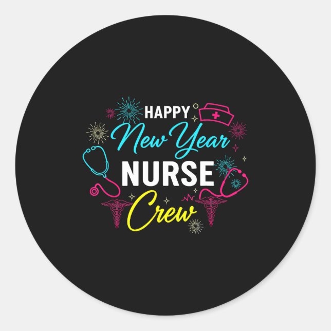Pegatina Redonda Happy New Year Nurse Shirt, Fireworks Stethoscope  (Anverso)