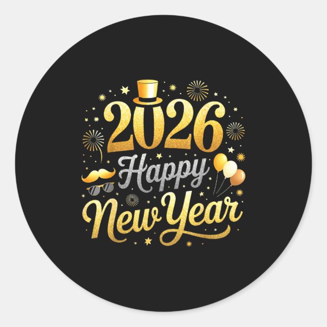 Pegatina Redonda Happy New Year Party 2026 Funny Balloon Family Mat (Anverso)