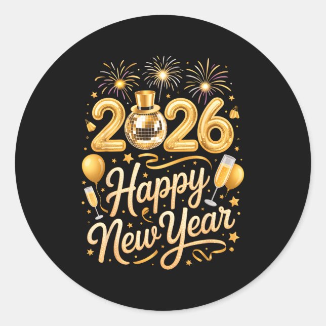 Pegatina Redonda Happy New Year Party 2026 Funny Balloon Family Mat (Anverso)