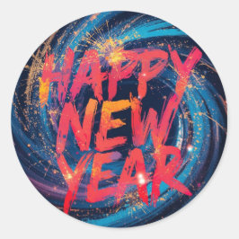 Pegatina Redonda Happy New Year Red sparkle script