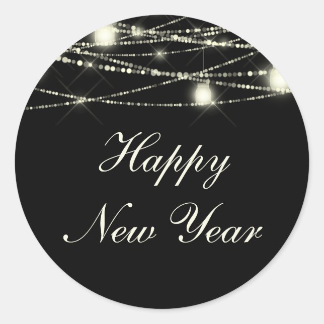 Pegatina Redonda Happy New Year String Lights Jars Black (Anverso)