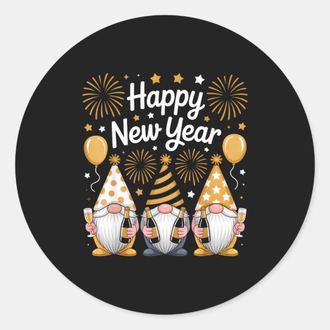 Pegatina Redonda Happy New Years Eve Party Gnomes Matching Family  (Anverso)