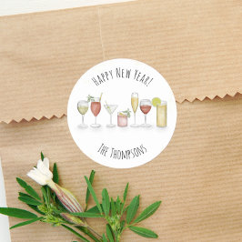 Pegatina Redonda Happy New Years Watercolor Cute Cocktail Bebidas
