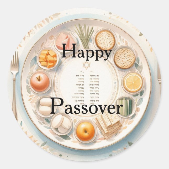 Pegatina Redonda Happy Passover Seder Plate - Minimalistic Modern (Anverso)