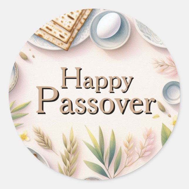 Pegatina Redonda Happy Passover Seder Plate - Watercolor Floral (Anverso)