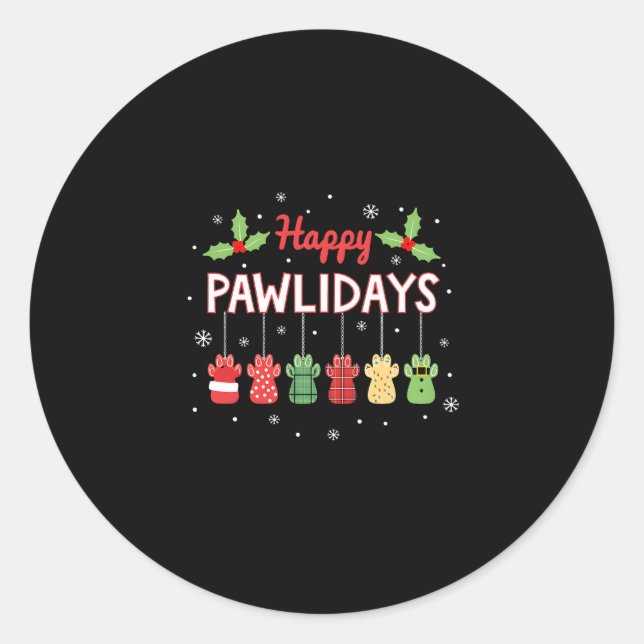 Pegatina Redonda Happy Pawlidays Funny Christmas Dog Paw Xmas Dogs  (Anverso)