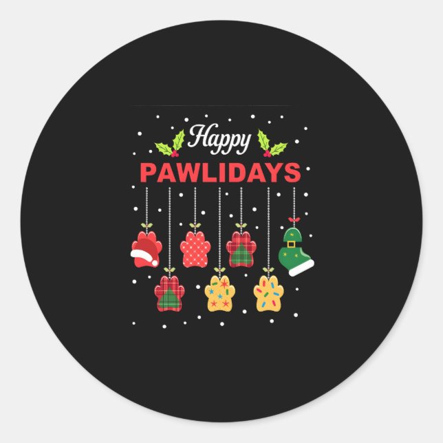 Pegatina Redonda Happy Pawlidays Funny Christmas Dog Paw Xmas Dogs  (Anverso)