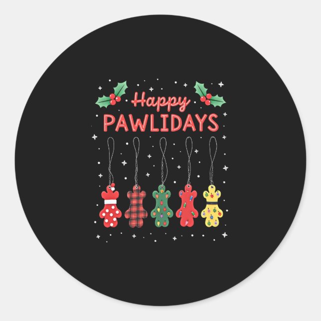 Pegatina Redonda Happy Pawlidays Funny Christmas Dog Paw Xmas Dogs  (Anverso)