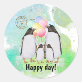 Pegatina Redonda Happy penguin family with colorful balloons
