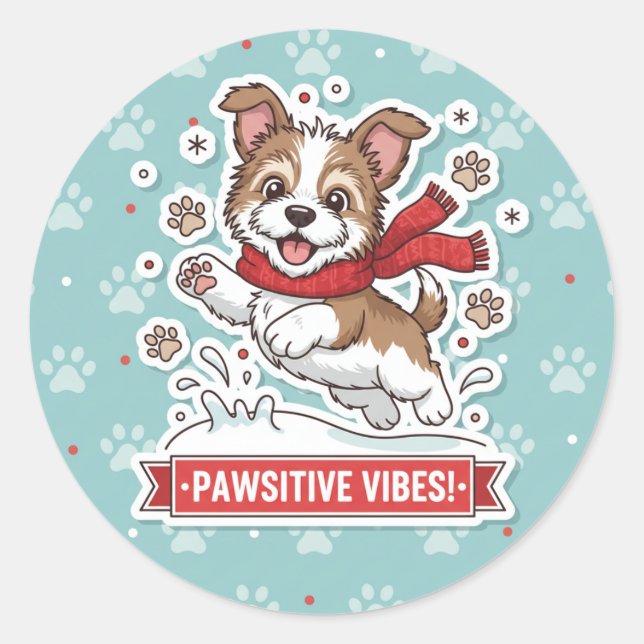 Pegatina Redonda Happy Puppy Winter Snow Sticker (Anverso)