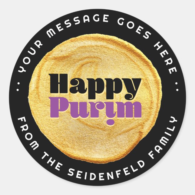 Pegatina Redonda Happy Purim Elegant Gold Seol Label on Black (Anverso)
