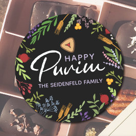 Pegatina Redonda Happy Purim Personalized Floral Label on Black