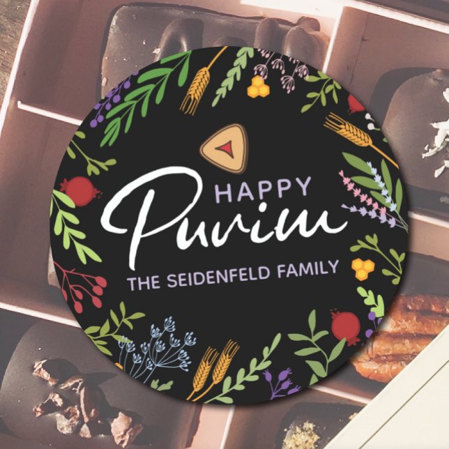 Pegatina Redonda Happy Purim Personalized Floral Label on Black (Subido por el creador)