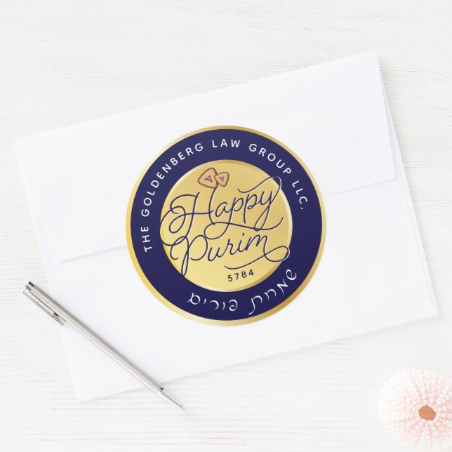 Pegatina Redonda Happy Purim Purple & Gold Script Classic LARGE (Sobre)