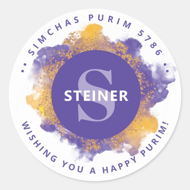 Pegatina Redonda  Happy Purim Purple Personalizado Monograma (Anverso)