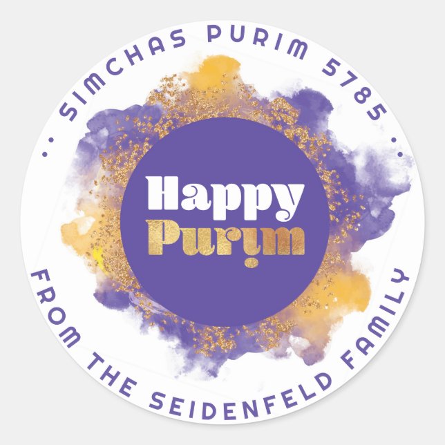 Pegatina Redonda Happy Purim Purple Personalizado Monograma Classic (Anverso)