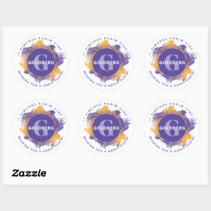 Pegatina Redonda Happy Purim Purple Personalizado Monograma GRANDE